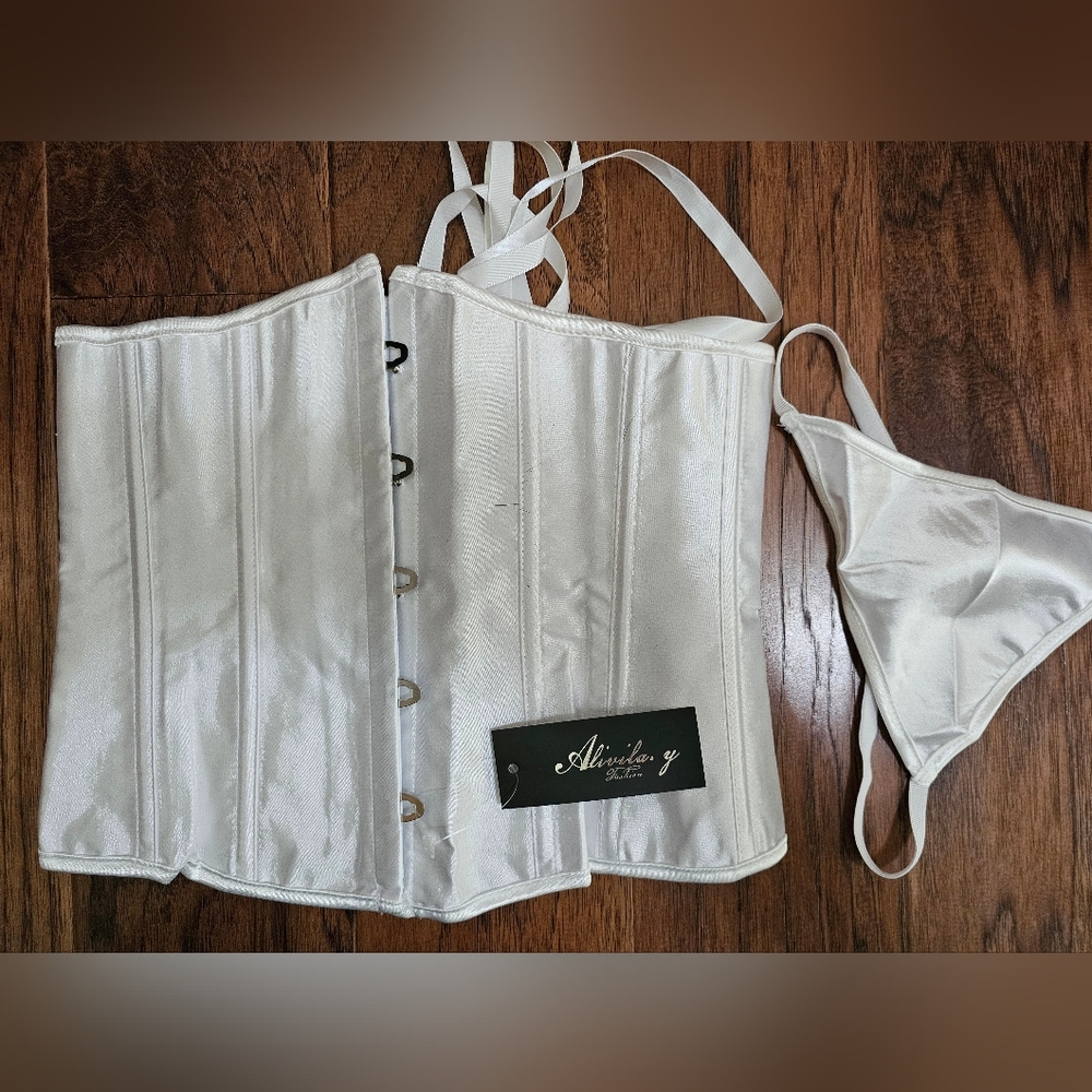 Alviera Y Ivory Satin Corset Top with Matching Thong